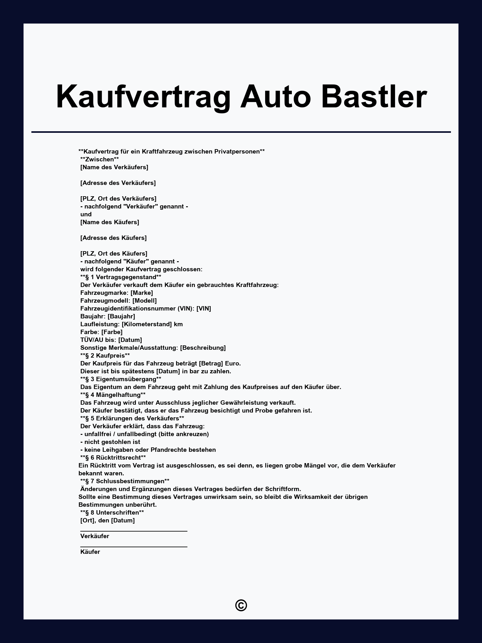 Kaufvertrag Auto Bastler