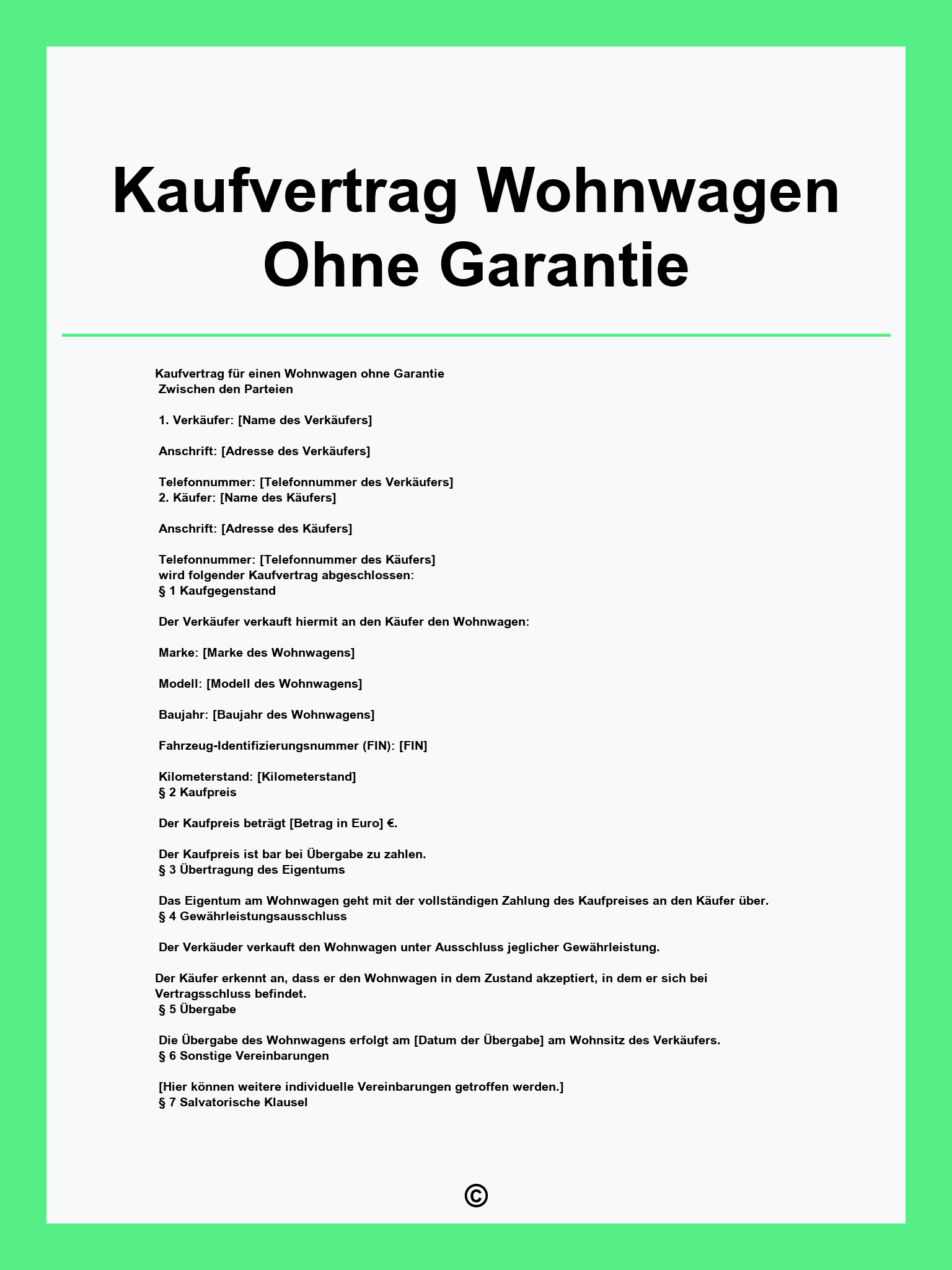 Kaufvertrag Wohnwagen Ohne Garantie